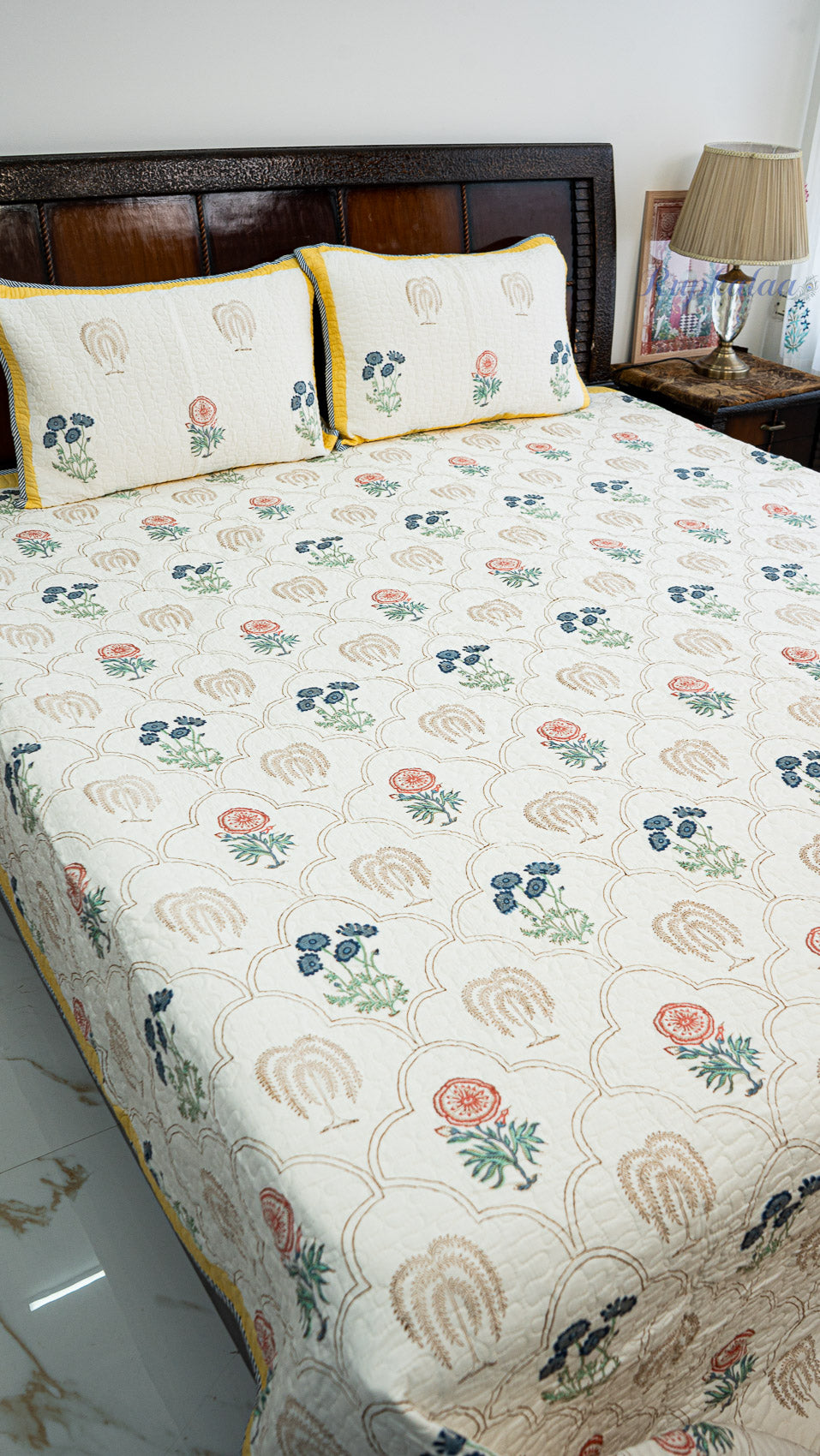 Botanica Hand Block Printed Cotton Reversible Quilted Bed Cover