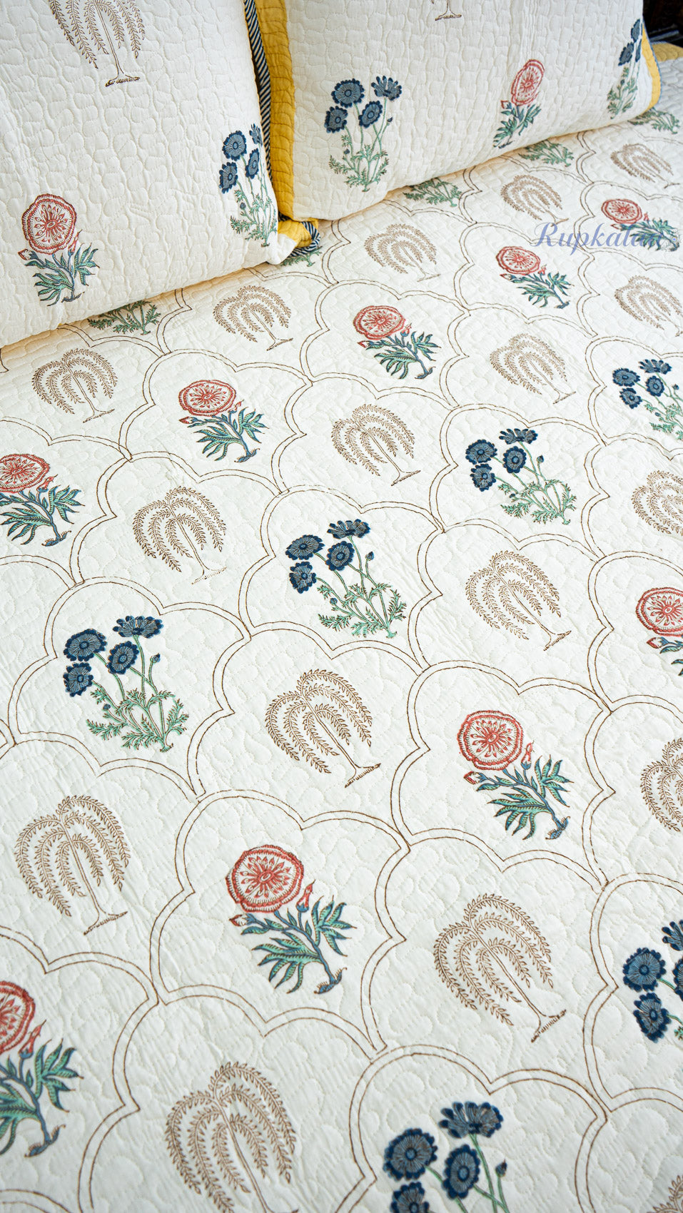 Botanica Hand Block Printed Cotton Reversible Quilted Bed Cover