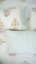 Soft Sun Handblock Printed Bedsheet with Two Pillow Covers (Cream Base)