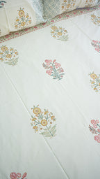 Soft Sun Handblock Printed Bedsheet with Two Pillow Covers (Cream Base)