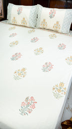 Soft Sun Handblock Printed Bedsheet with Two Pillow Covers (Cream Base)