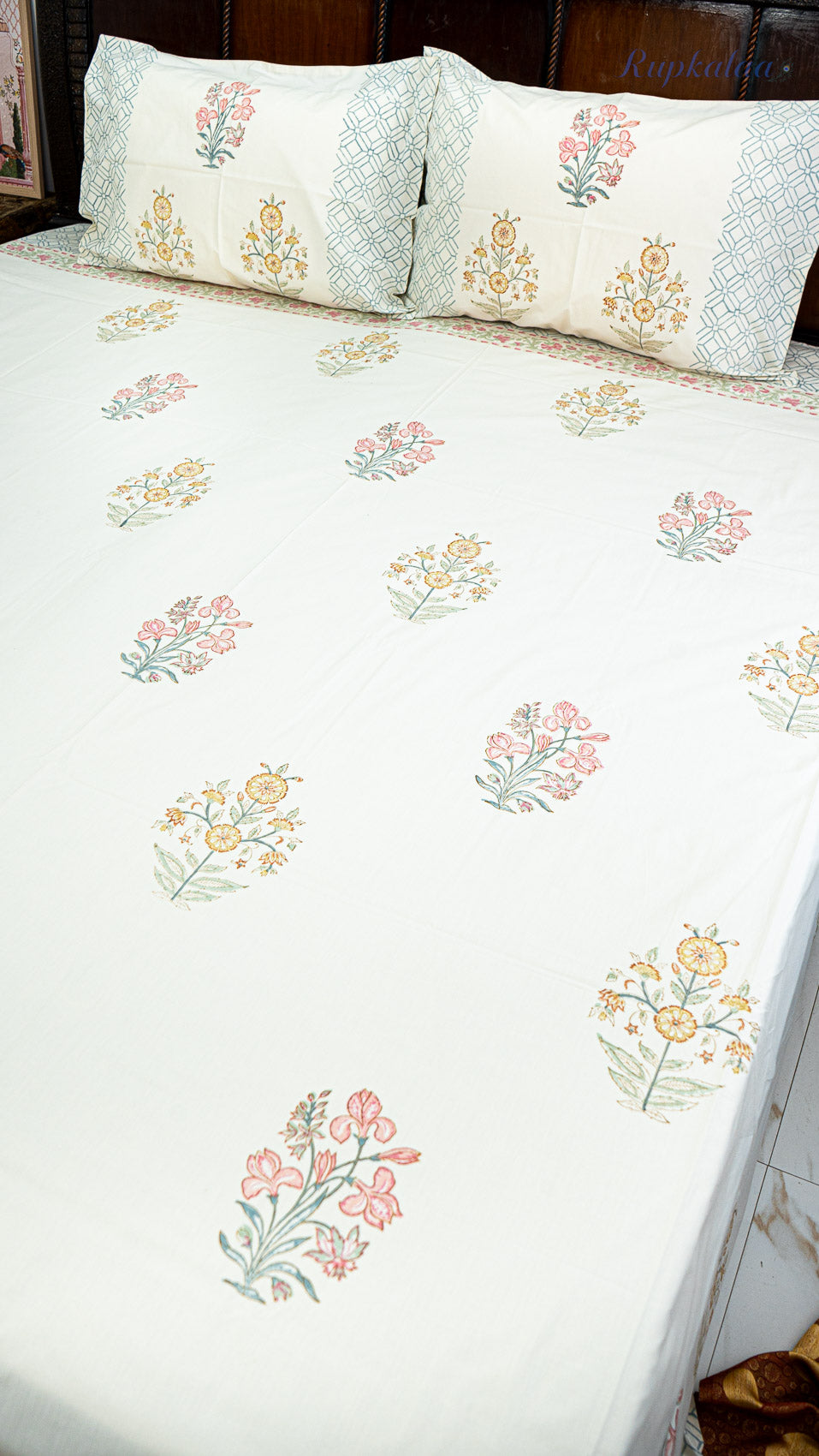 Soft Sun Handblock Printed Bedsheet with Two Pillow Covers (Cream Base)