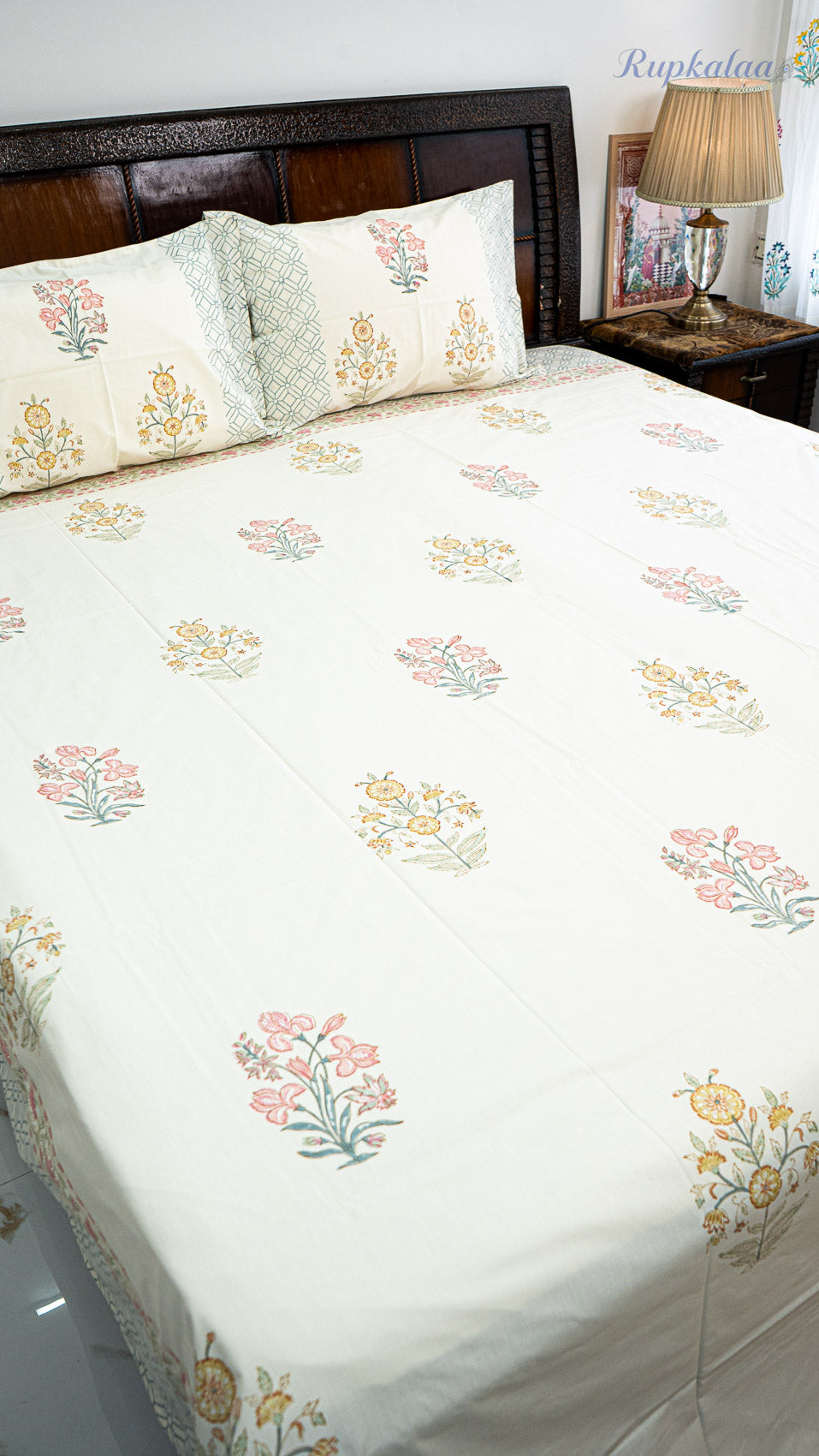 Soft Sun Handblock Printed Bedsheet with Two Pillow Covers (Cream Base)