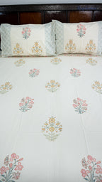 Soft Sun Handblock Printed Bedsheet with Two Pillow Covers (Cream Base)