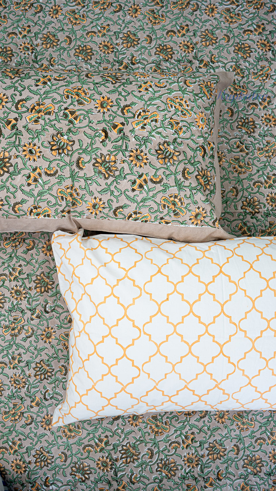 Floral Vines Handblock Printed Bedsheet with Two Pillow Covers (Dark Base)