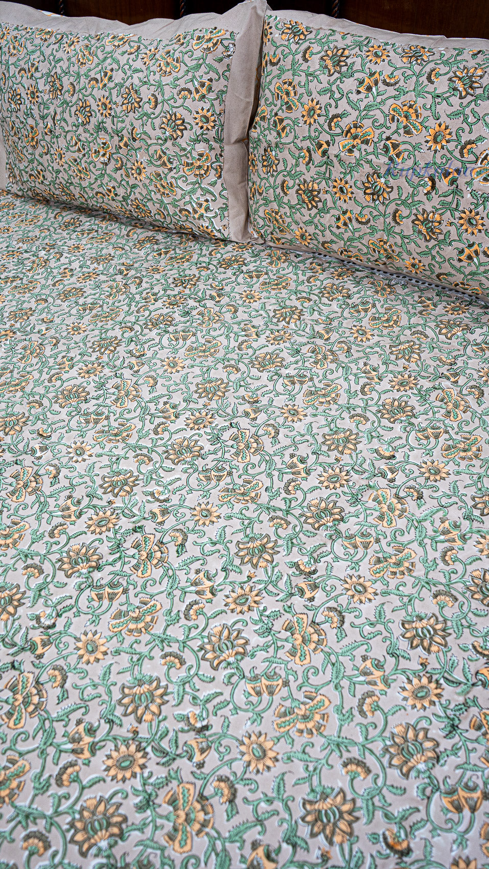 Floral Vines Handblock Printed Bedsheet with Two Pillow Covers (Dark Base)