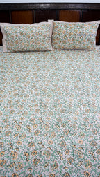 Floral Vines Handblock Printed Bedsheet with Two Pillow Covers (Dark Base)