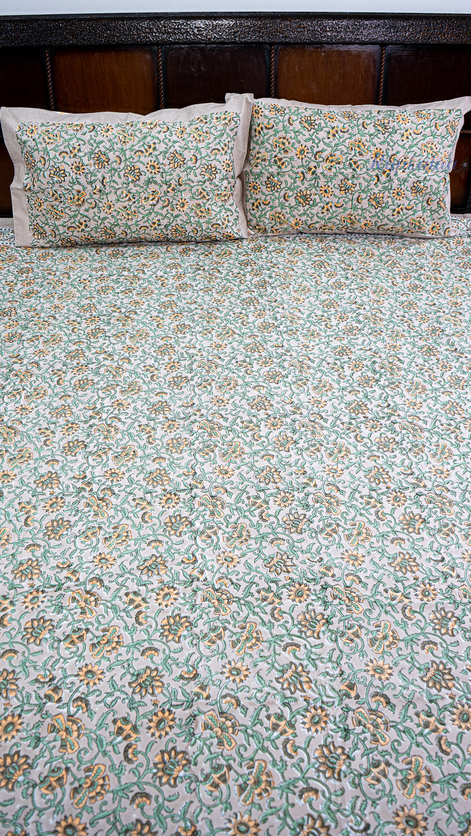Floral Vines Handblock Printed Bedsheet with Two Pillow Covers (Dark Base)