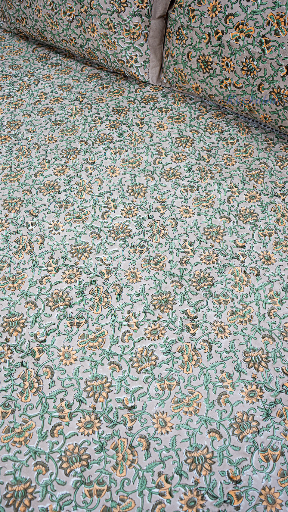 Floral Vines Handblock Printed Bedsheet with Two Pillow Covers (Dark Base)