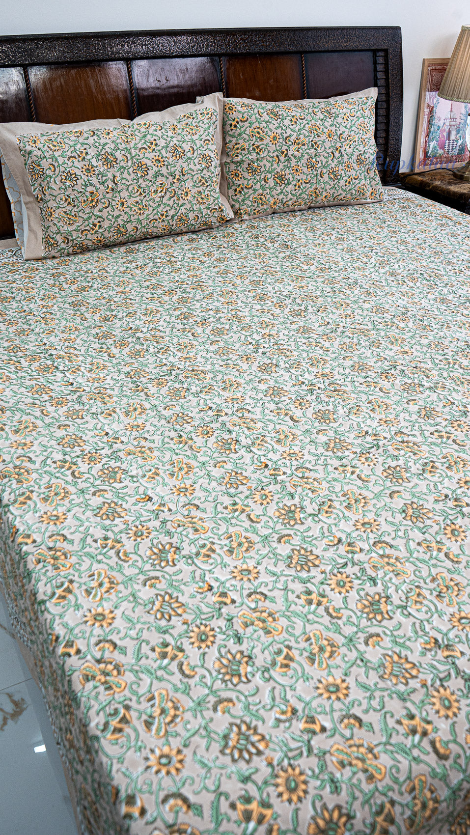 Floral Vines Handblock Printed Bedsheet with Two Pillow Covers (Dark Base)