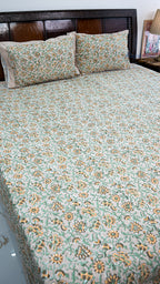Floral Vines Handblock Printed Bedsheet with Two Pillow Covers (Dark Base)