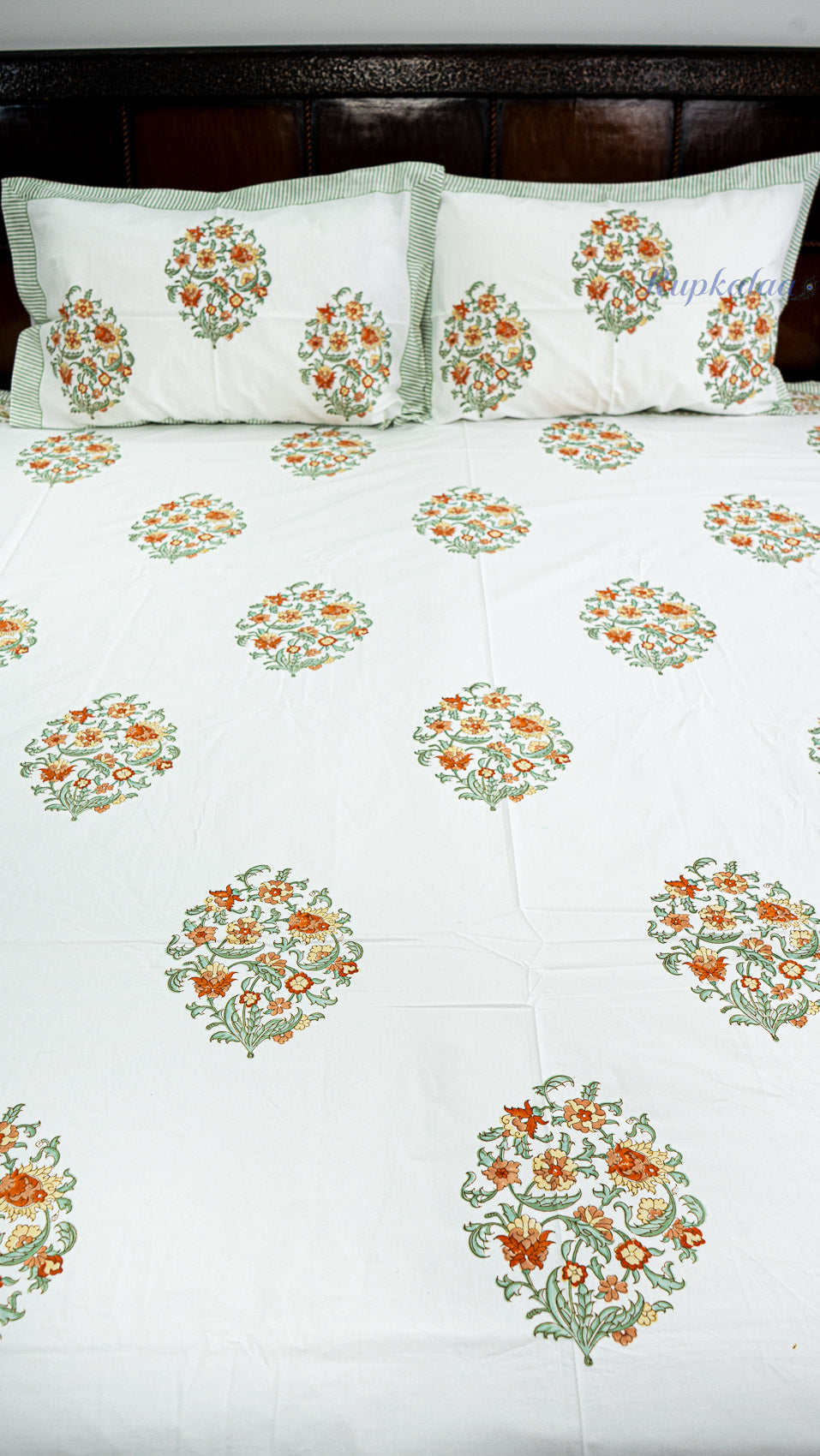 Terracotta Tone Handblock Printed Bedsheet with Two Pillow Covers