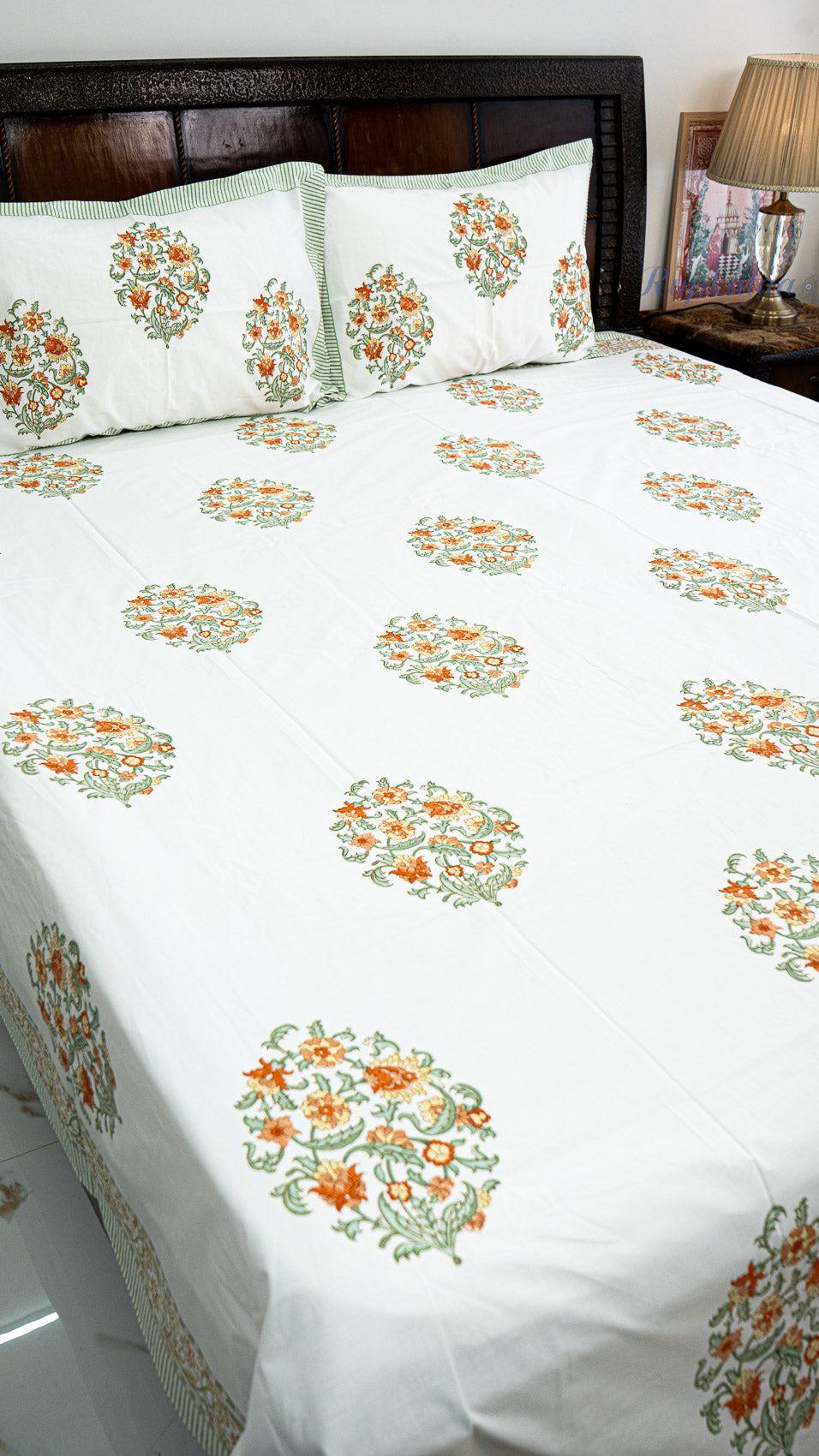Terracotta Tone Handblock Printed Bedsheet with Two Pillow Covers
