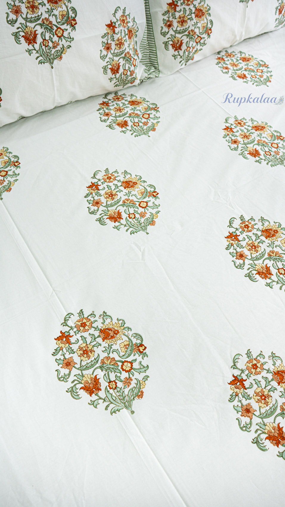 Terracotta Tone Handblock Printed Bedsheet with Two Pillow Covers