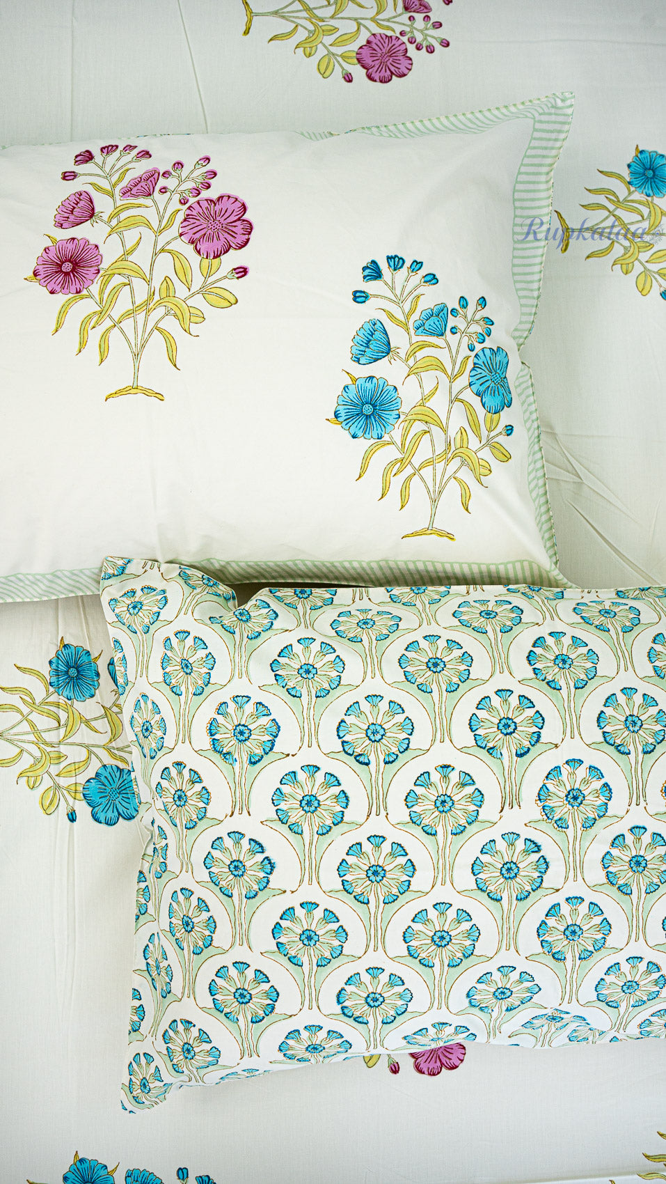 Soft Petals Handblock Printed Bedsheet with Two Pillow Covers (Cream Base)