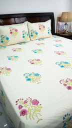 Soft Petals Handblock Printed Bedsheet with Two Pillow Covers (Cream Base)