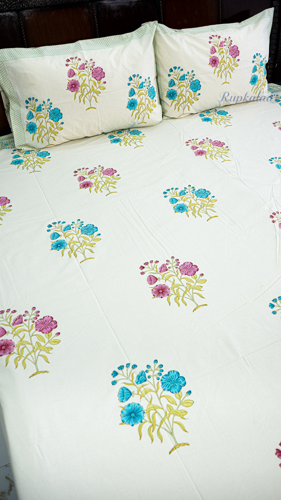 Soft Petals Handblock Printed Bedsheet with Two Pillow Covers (Cream Base)