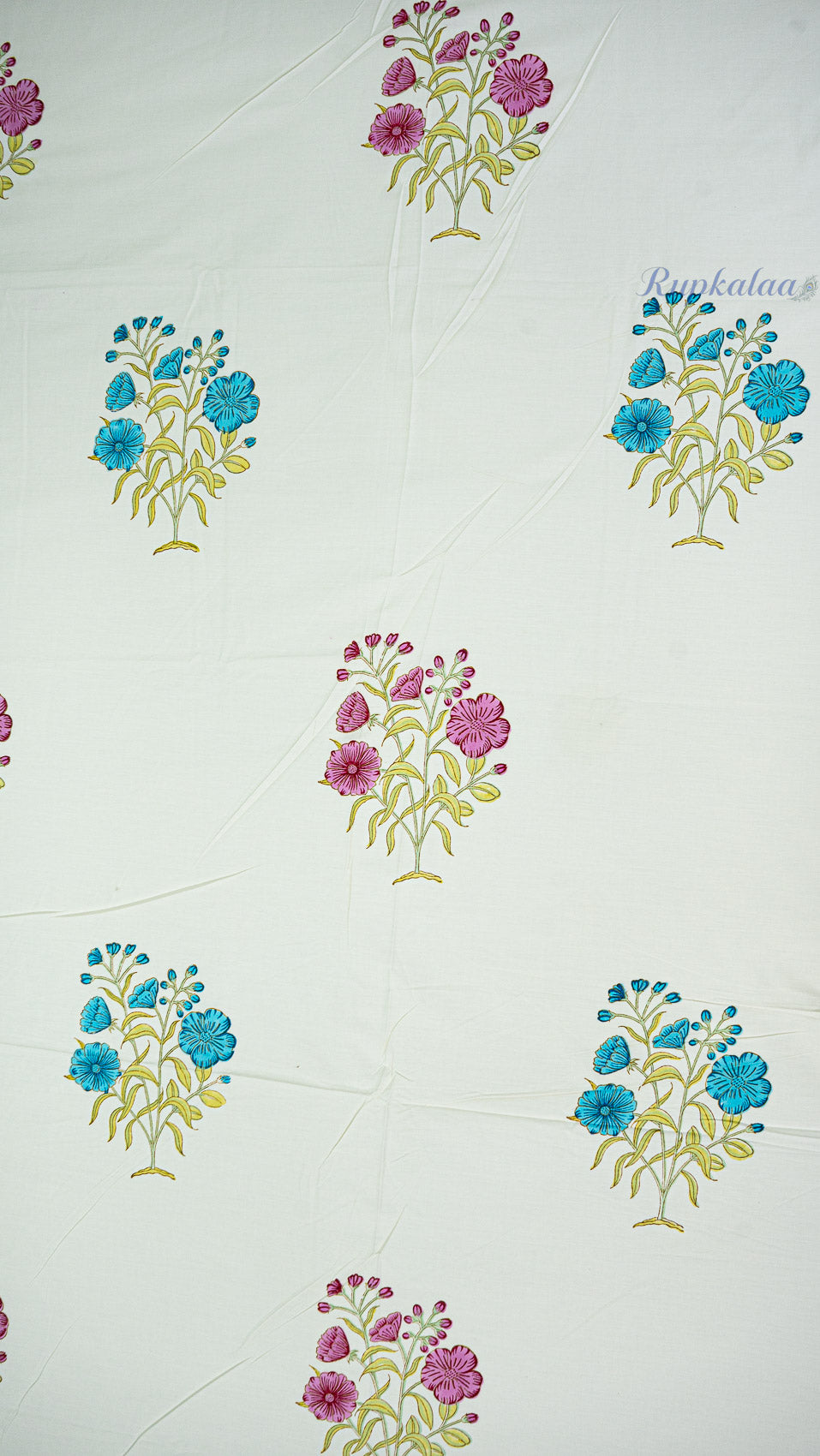 Soft Petals Handblock Printed Bedsheet with Two Pillow Covers (Cream Base)