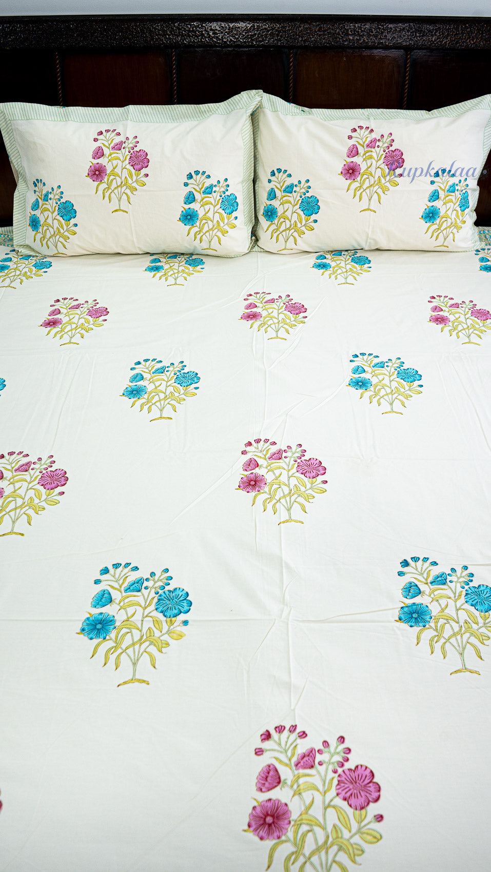 Soft Petals Handblock Printed Bedsheet with Two Pillow Covers (Cream Base)