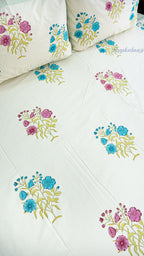 Soft Petals Handblock Printed Bedsheet with Two Pillow Covers (Cream Base)