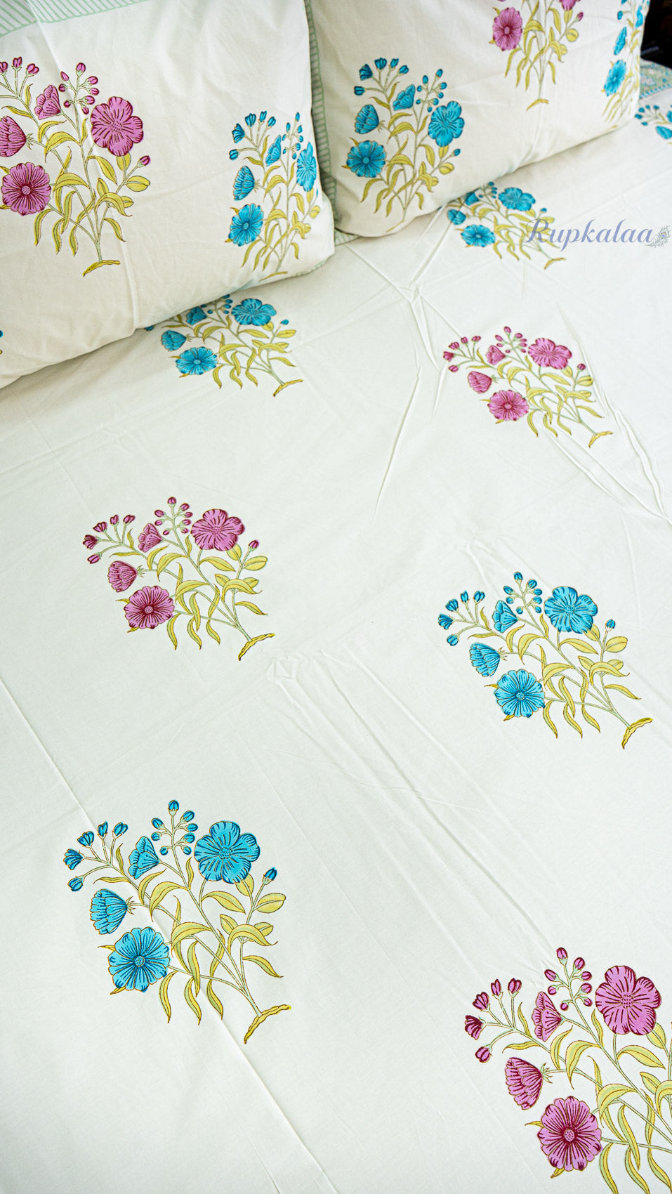 Soft Petals Handblock Printed Bedsheet with Two Pillow Covers (Cream Base)