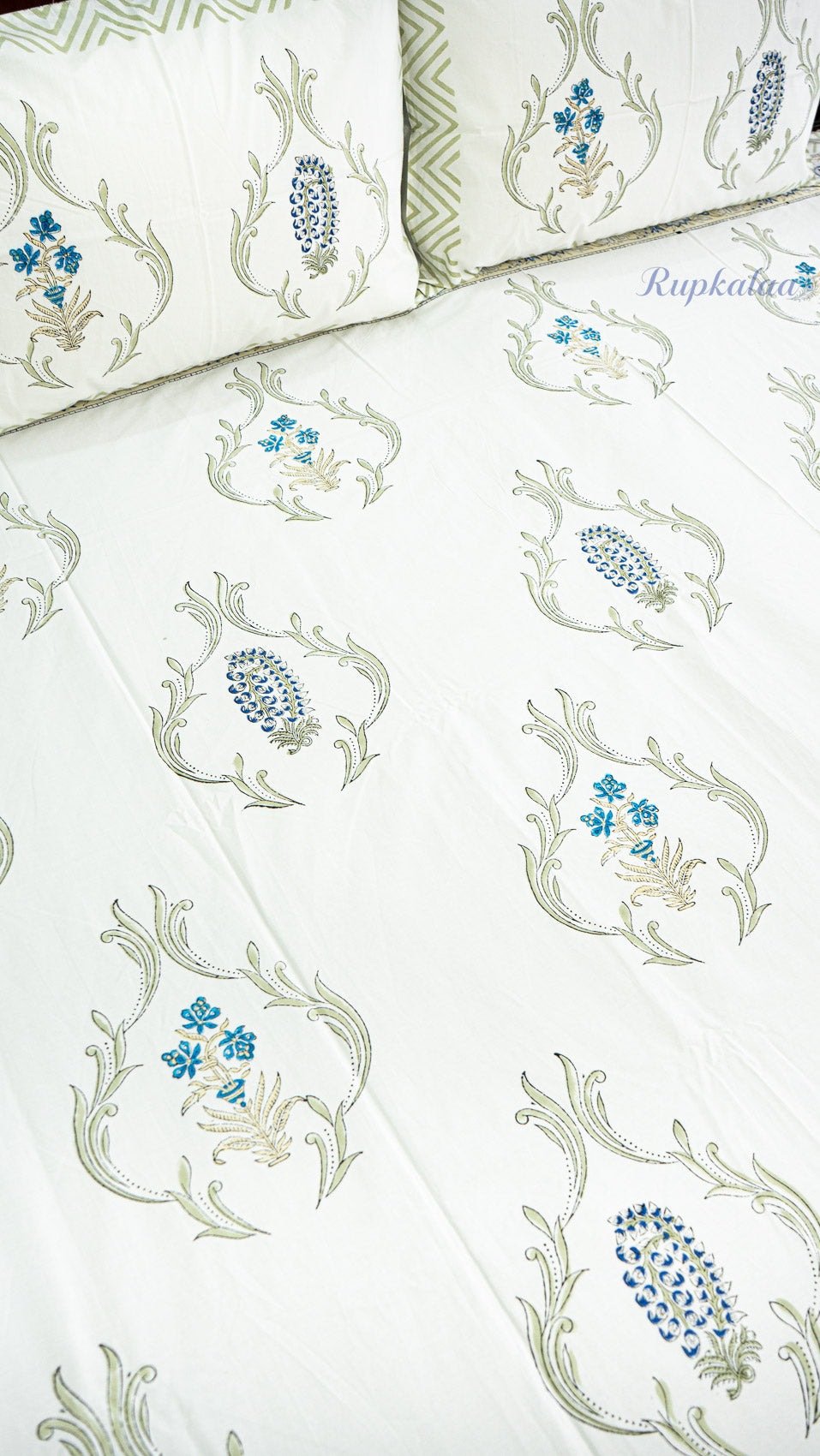 Indigo Garden Handblock Printed Bedsheet with Two Pillow Covers