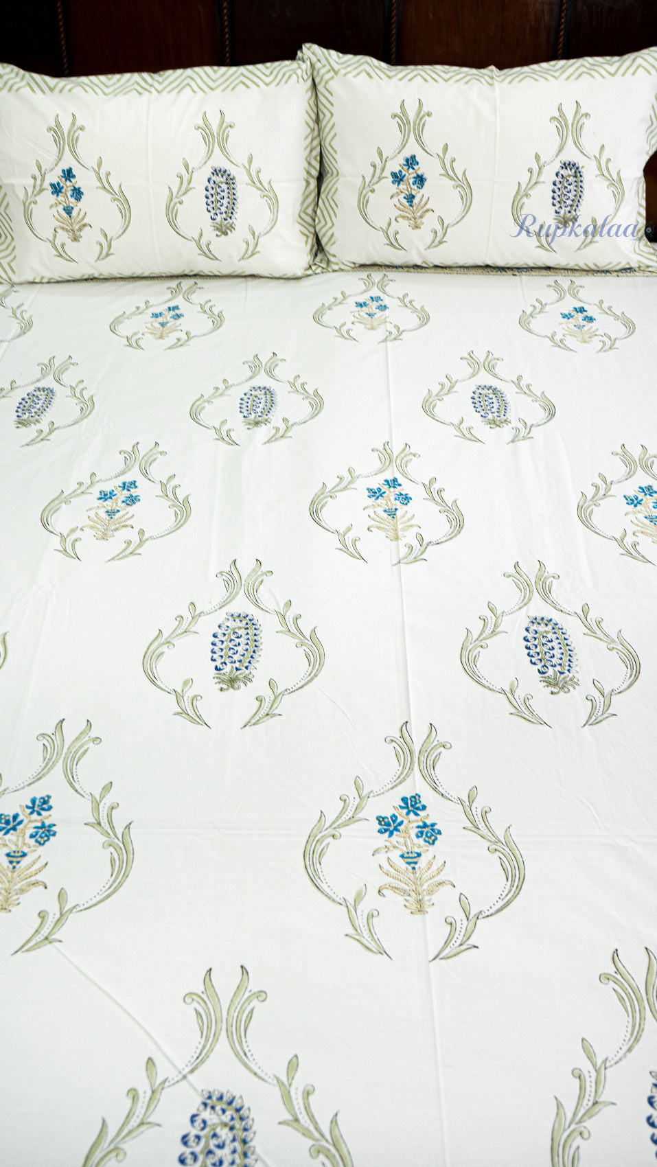 Indigo Garden Handblock Printed Bedsheet with Two Pillow Covers