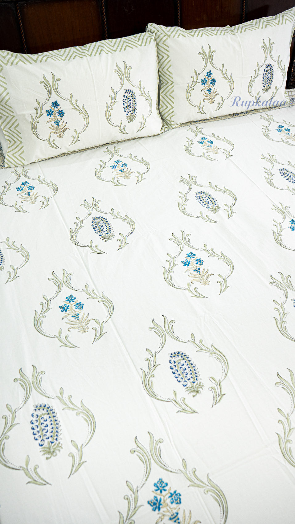 Indigo Garden Handblock Printed Bedsheet with Two Pillow Covers