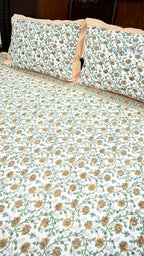 Floral Web Handblock Printed Bedsheet with Two Pillow Covers