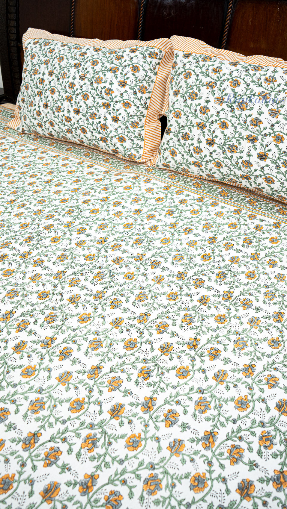 Floral Web Handblock Printed Bedsheet with Two Pillow Covers