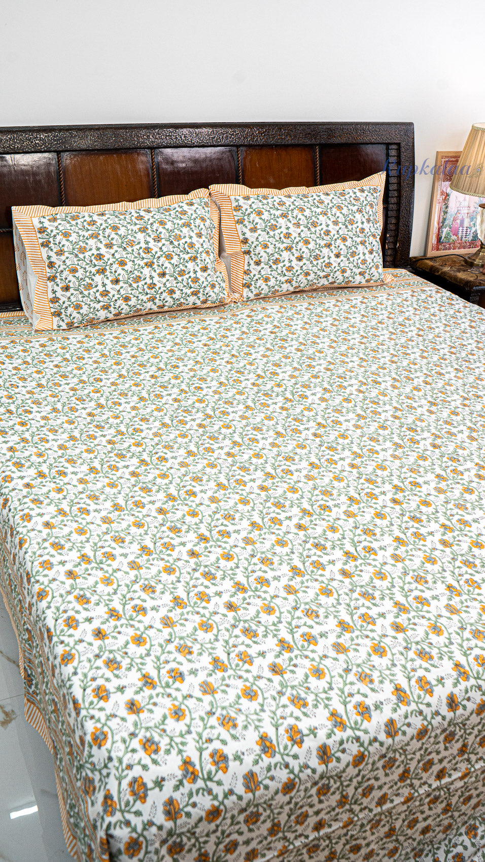 Floral Web Handblock Printed Bedsheet with Two Pillow Covers
