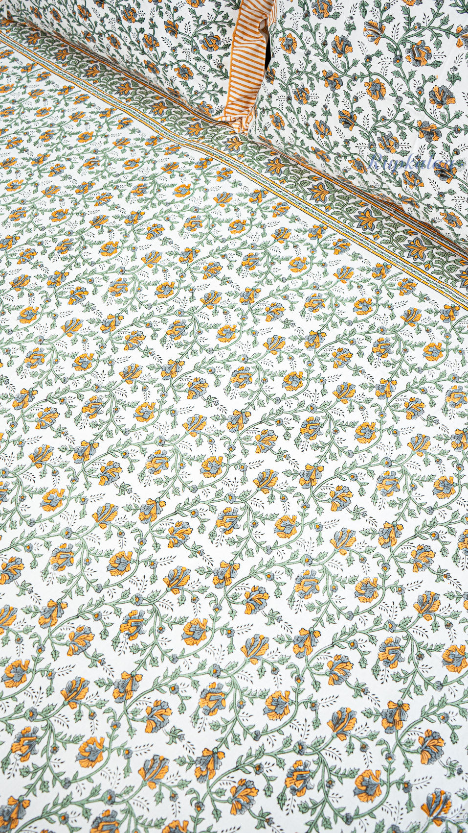 Floral Web Handblock Printed Bedsheet with Two Pillow Covers