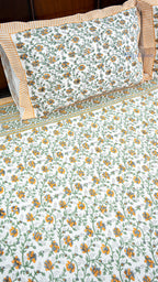 Floral Web Handblock Printed Bedsheet with Two Pillow Covers