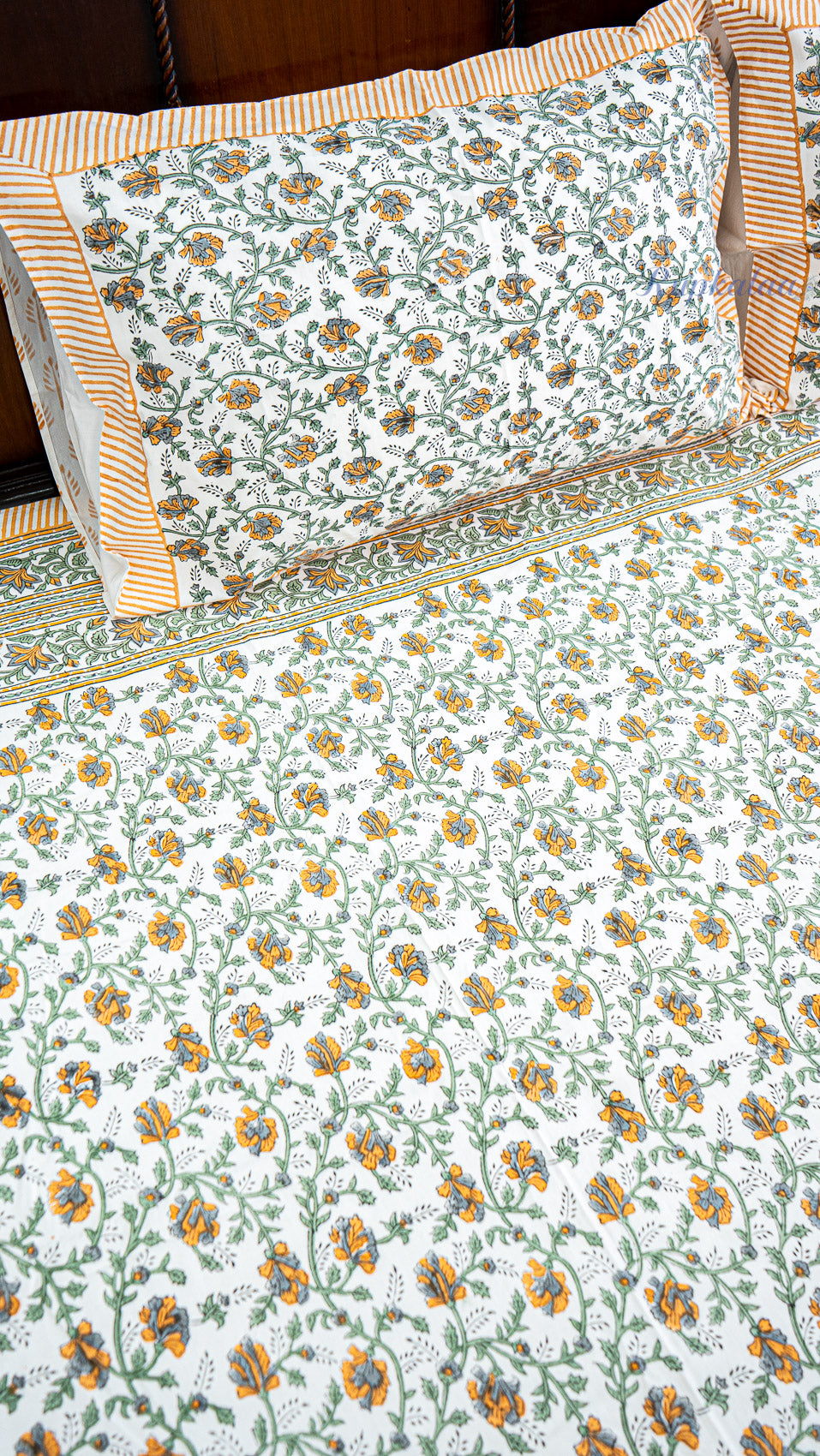 Floral Web Handblock Printed Bedsheet with Two Pillow Covers