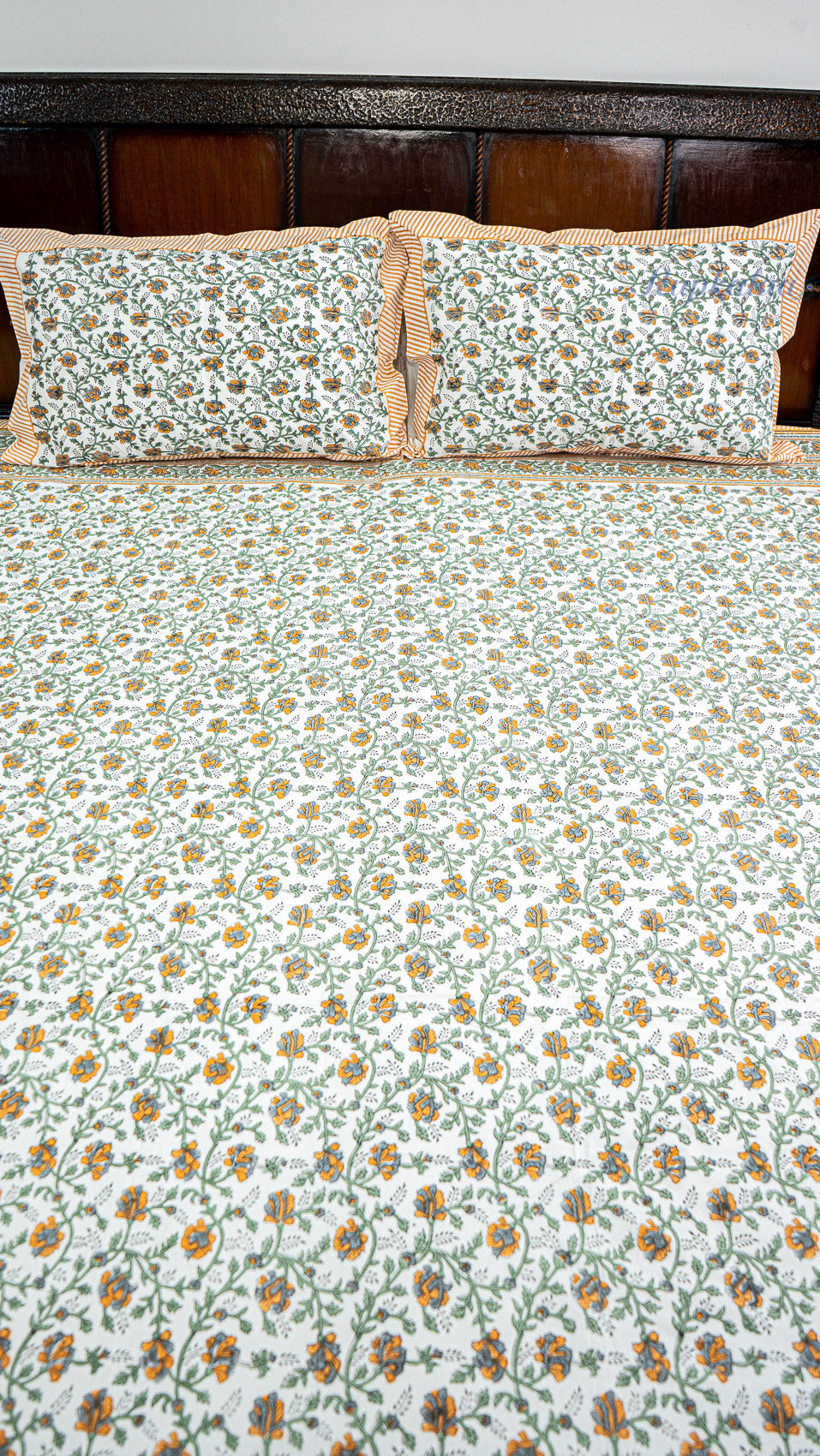 Floral Web Handblock Printed Bedsheet with Two Pillow Covers