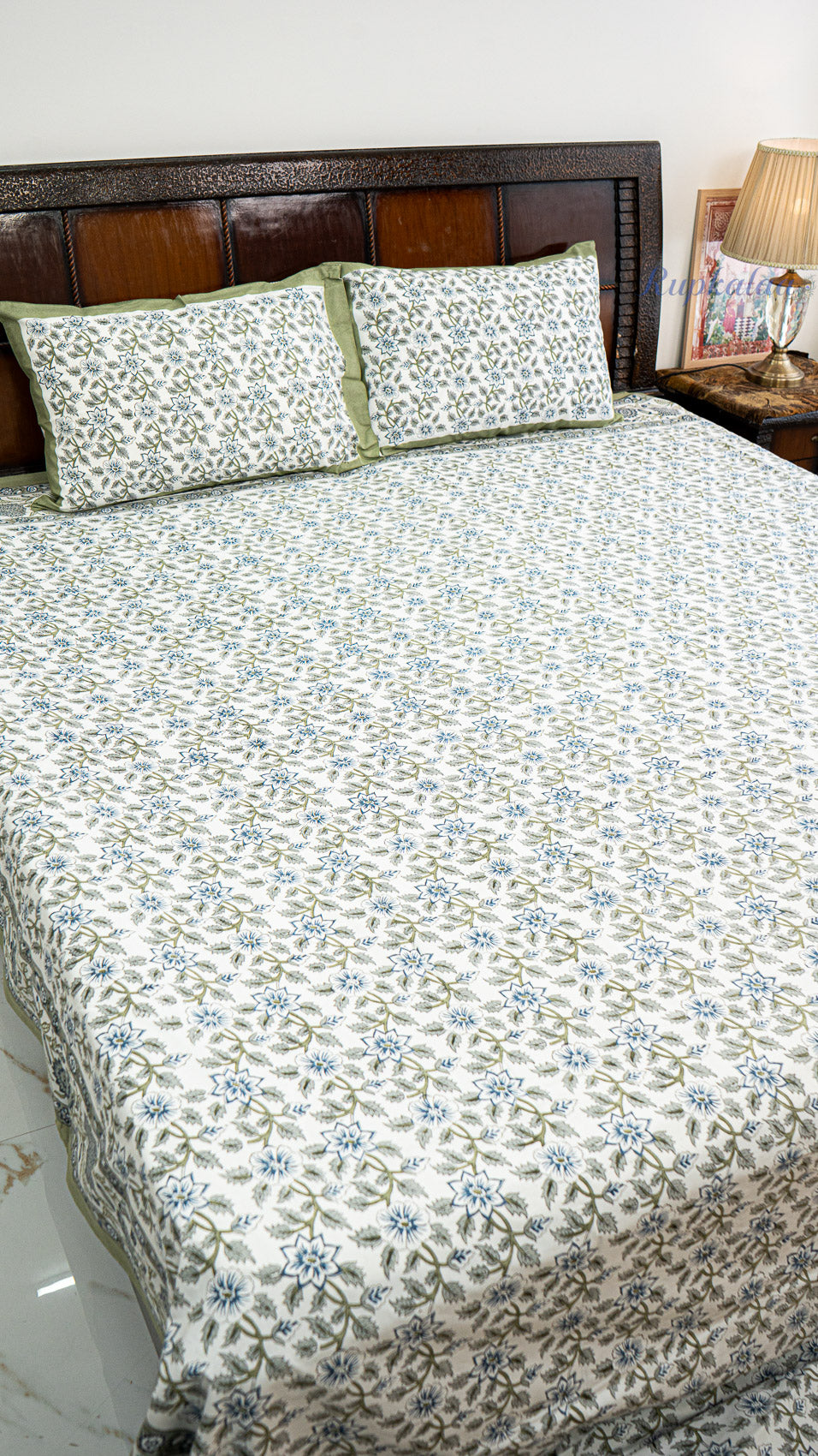 Vintage Floral Jaipuri Handblock Printed Bedsheet with Two Pillow Covers