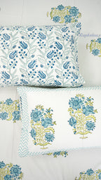 Aqua Whisper Hand Block Printed Cotton Bedsheet with Two Pillow Covers