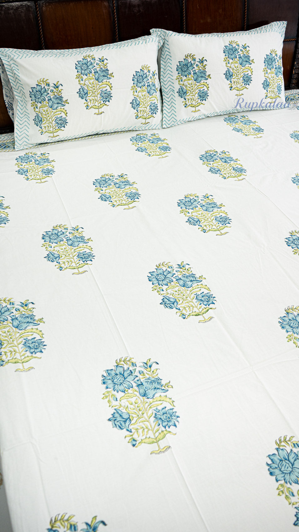 Aqua Whisper Hand Block Printed Cotton Bedsheet with Two Pillow Covers
