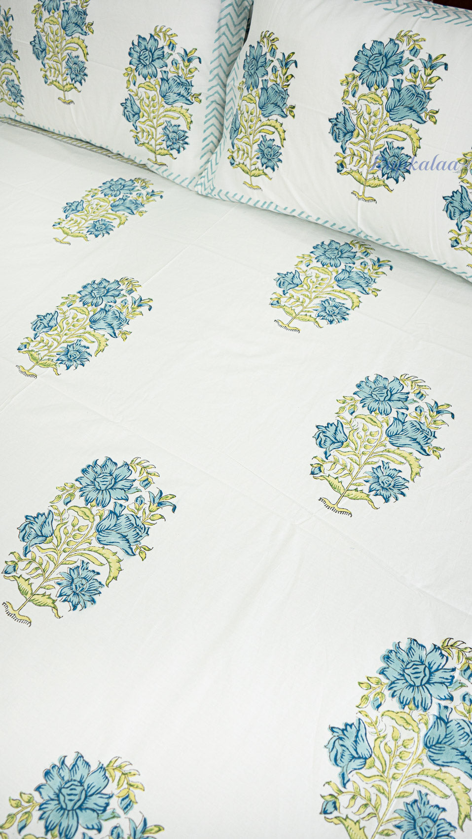 Aqua Whisper Hand Block Printed Cotton Bedsheet with Two Pillow Covers