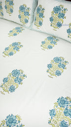 Aqua Whisper Hand Block Printed Cotton Bedsheet with Two Pillow Covers