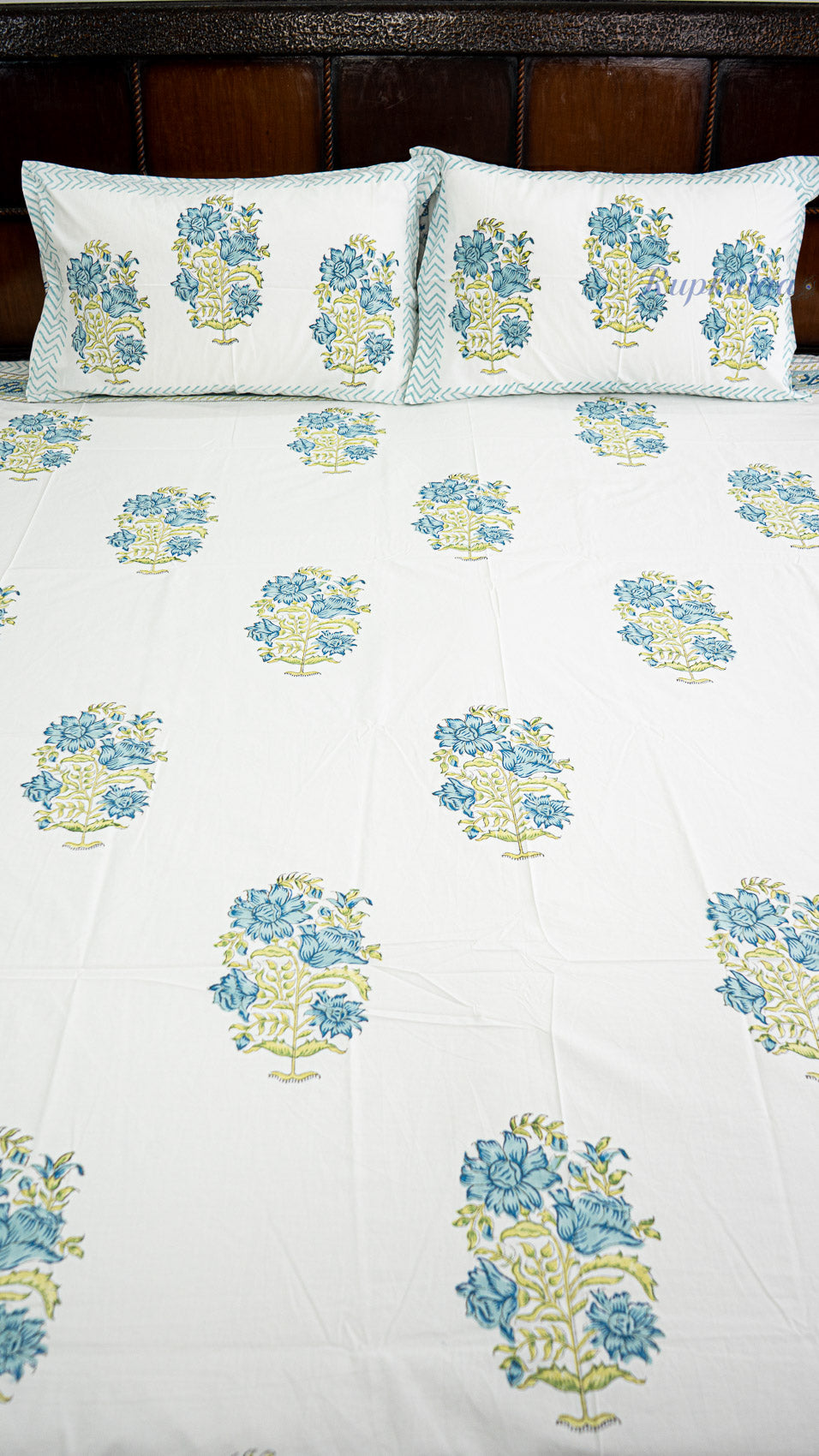 Aqua Whisper Hand Block Printed Cotton Bedsheet with Two Pillow Covers