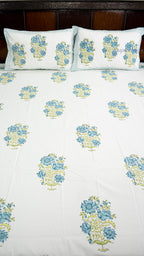Aqua Whisper Hand Block Printed Cotton Bedsheet with Two Pillow Covers