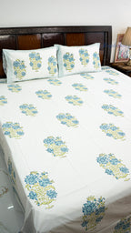 Aqua Whisper Hand Block Printed Cotton Bedsheet with Two Pillow Covers