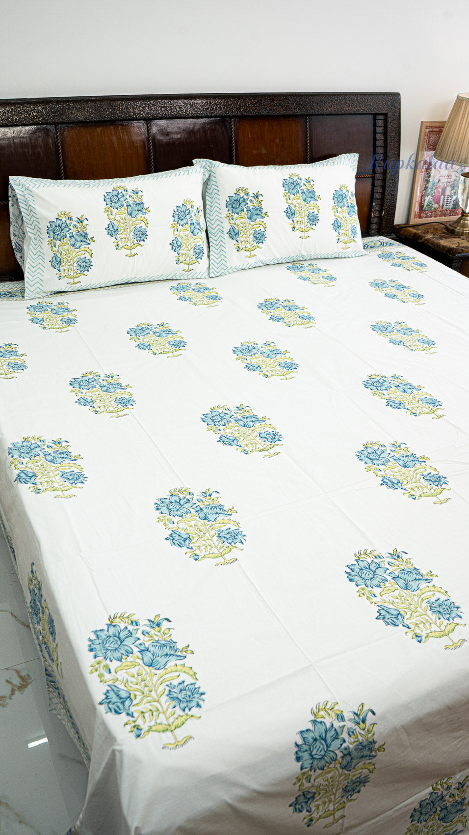Aqua Whisper Hand Block Printed Cotton Bedsheet with Two Pillow Covers