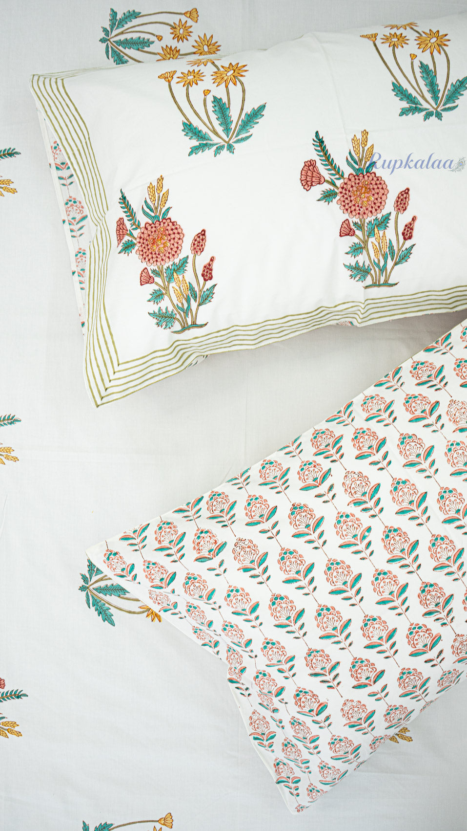 Morning Flowers Hand Block Printed Cotton Bedsheet with Two Pillow Covers