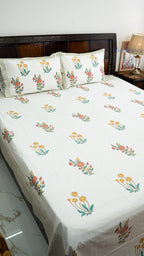Morning Flowers Hand Block Printed Cotton Bedsheet with Two Pillow Covers