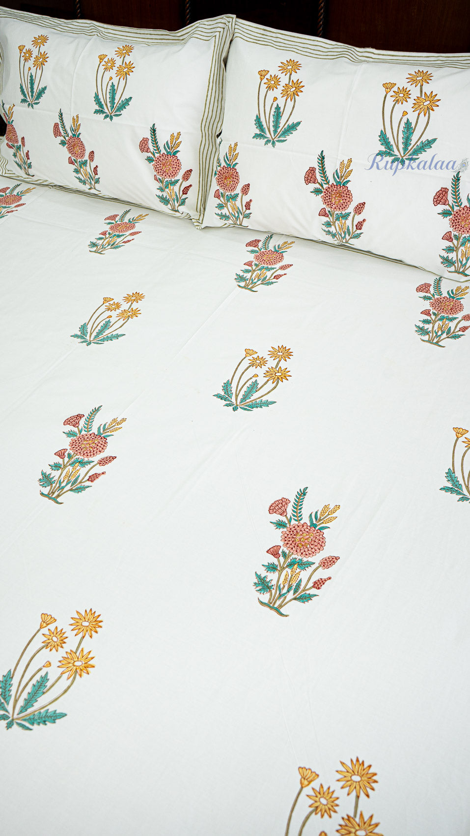 Morning Flowers Hand Block Printed Cotton Bedsheet with Two Pillow Covers