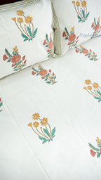 Morning Flowers Hand Block Printed Cotton Bedsheet with Two Pillow Covers