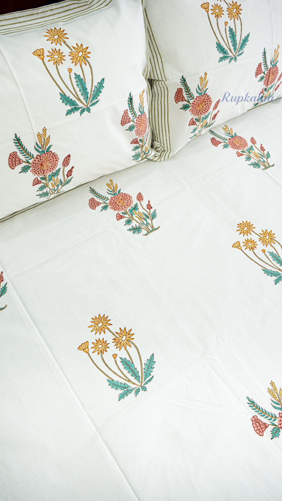 Morning Flowers Hand Block Printed Cotton Bedsheet with Two Pillow Covers