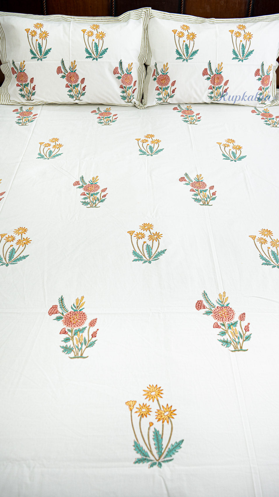 Morning Flowers Hand Block Printed Cotton Bedsheet with Two Pillow Covers